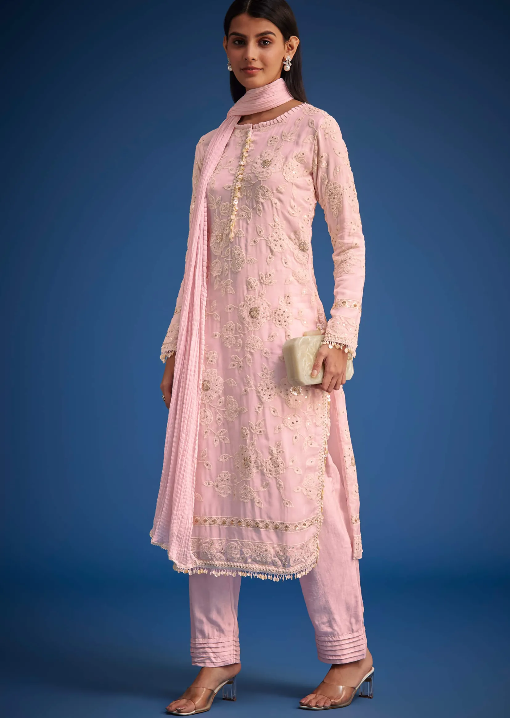 Baby Pink Organza Embroidered Straight Kurta Set