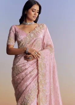 Baby Pink Organza Saree With Floral Cutwork Embroidery