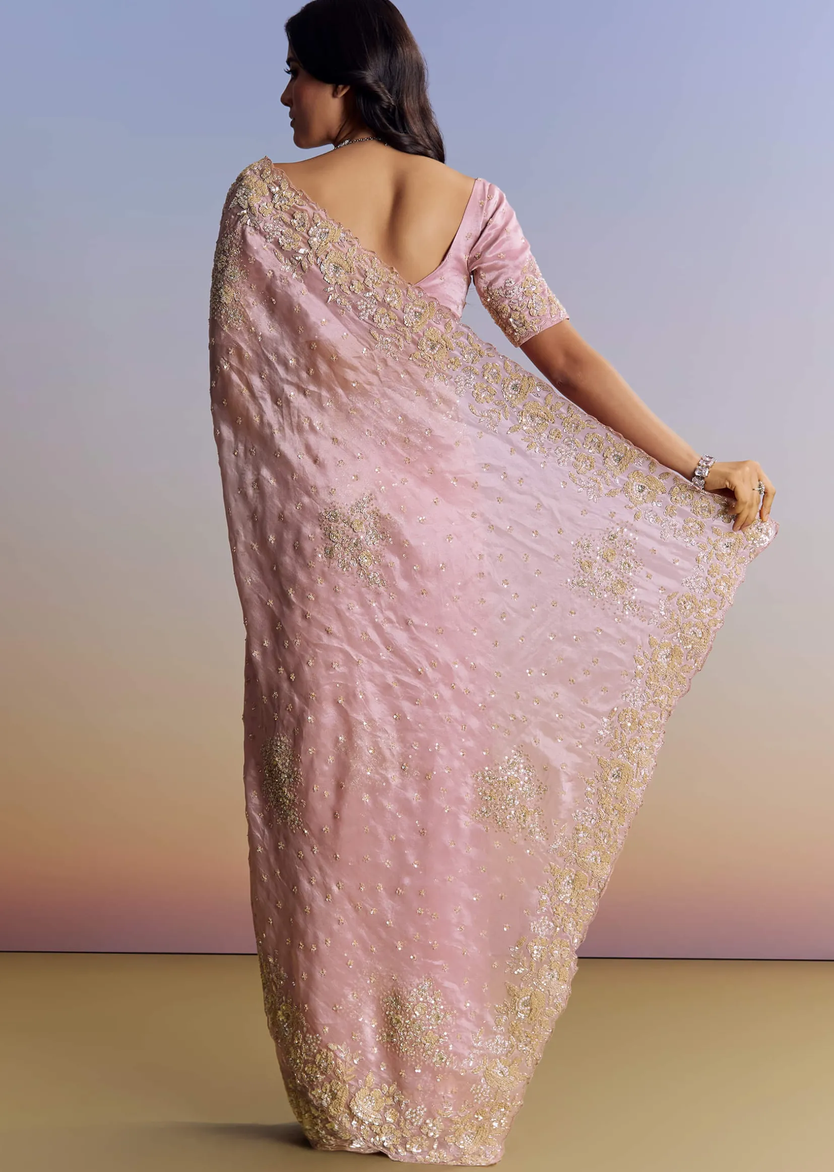 Baby Pink Organza Saree With Floral Cutwork Embroidery