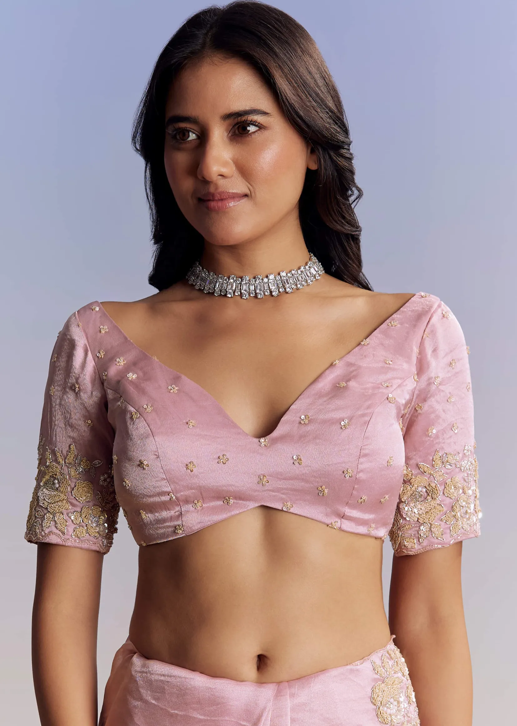 Baby Pink Organza Saree With Floral Cutwork Embroidery