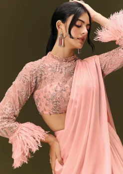 Baby Pink Ready To Wear Satin Saree With High Neck Full Sleeve Blouse