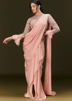 Baby Pink Ready To Wear Satin Saree With High Neck Full Sleeve Blouse