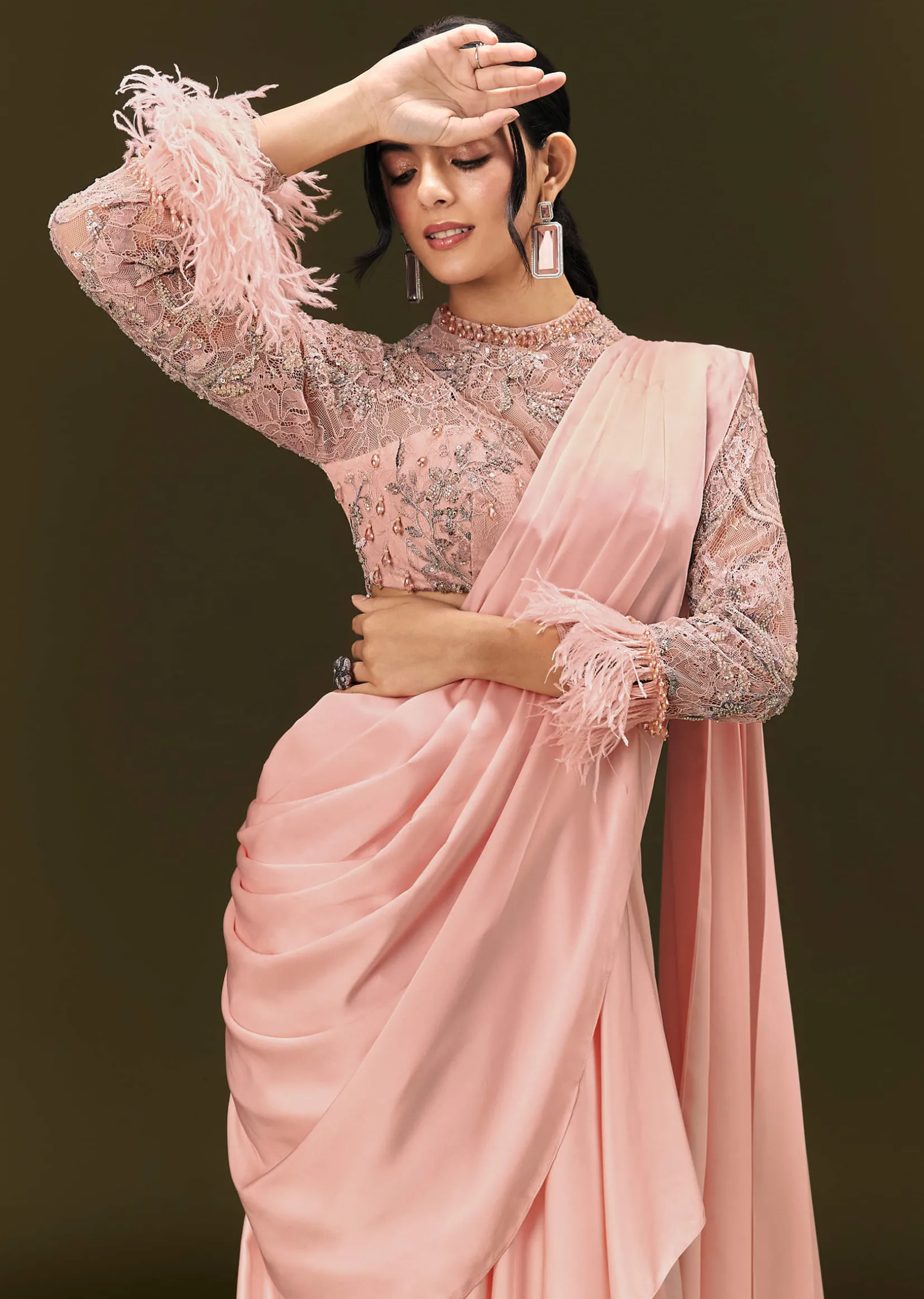 Baby Pink Ready To Wear Satin Saree With High Neck Full Sleeve Blouse