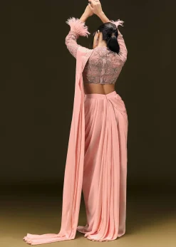 Baby Pink Ready To Wear Satin Saree With High Neck Full Sleeve Blouse