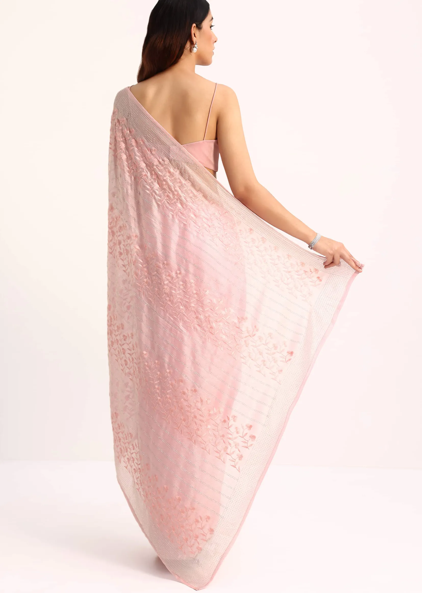 Baby Pink Satin Saree With Thread And Stone Embroidery And Unstitched Blouse
