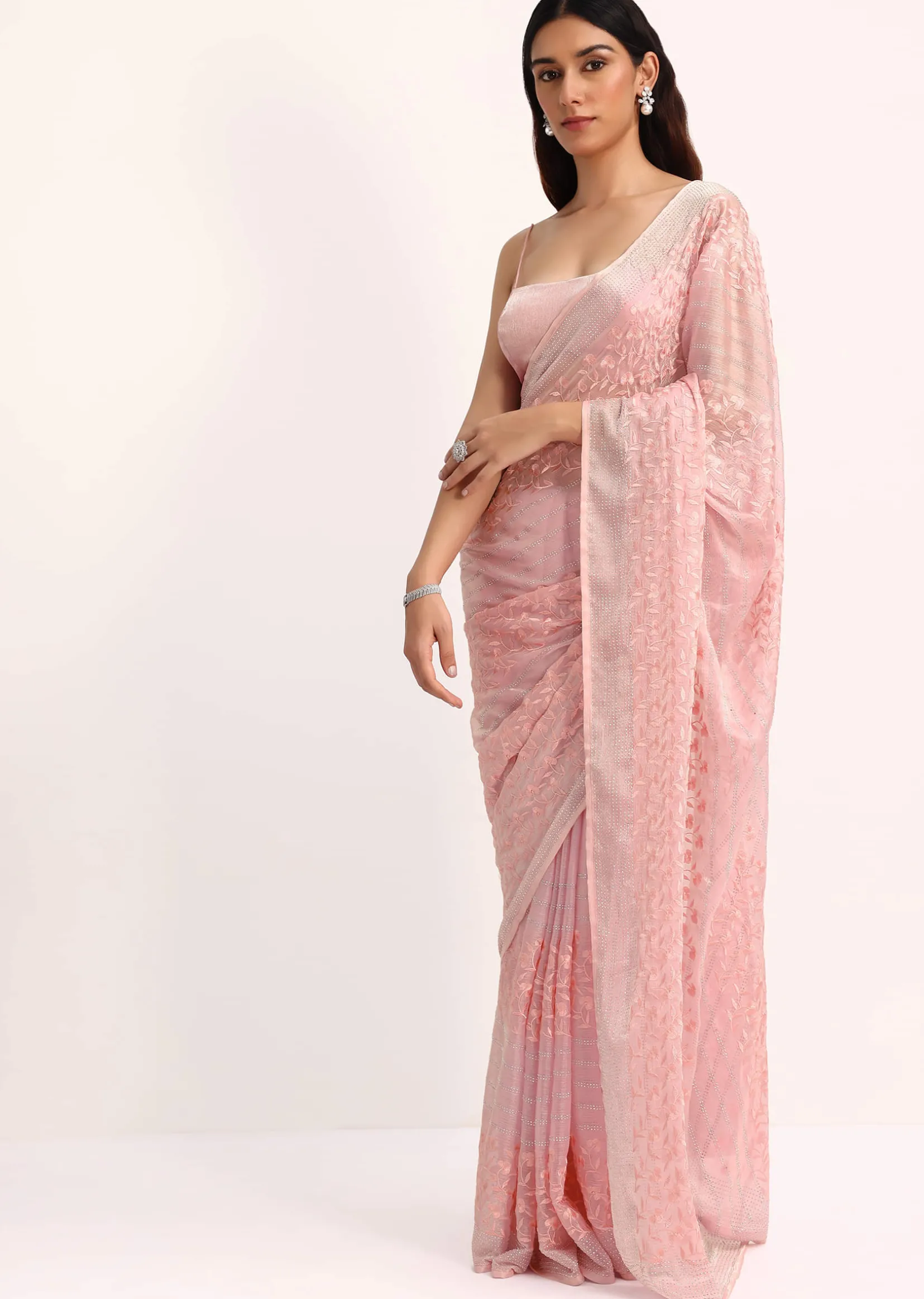 Baby Pink Satin Saree With Thread And Stone Embroidery And Unstitched Blouse