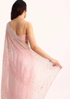Baby Pink Satin Saree With Thread And Stone Embroidery And Unstitched Blouse