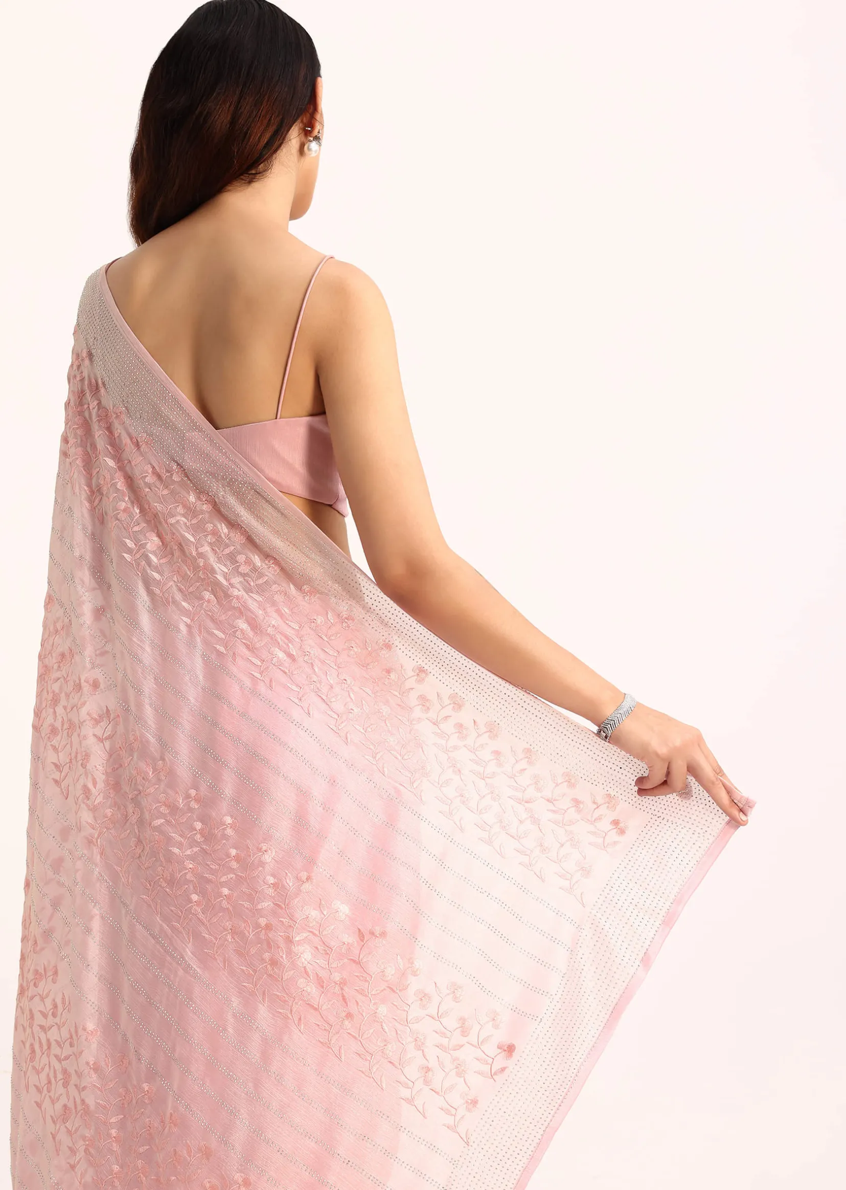 Baby Pink Satin Saree With Thread And Stone Embroidery And Unstitched Blouse
