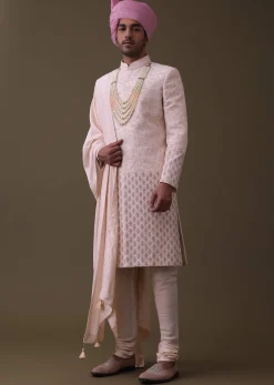 Baby Pink Sherwani Set In Raw Silk With Thread Work And Moti Embroidery
