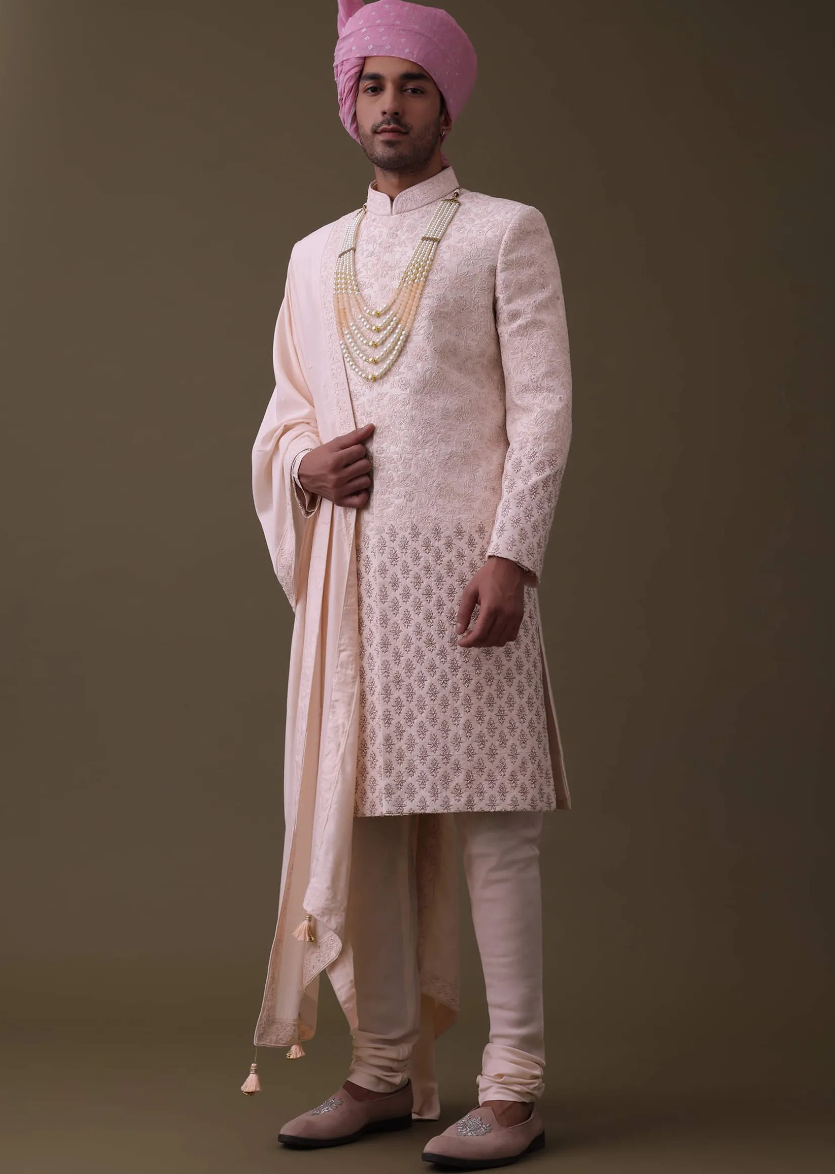 Baby Pink Sherwani Set In Raw Silk With Thread Work And Moti Embroidery