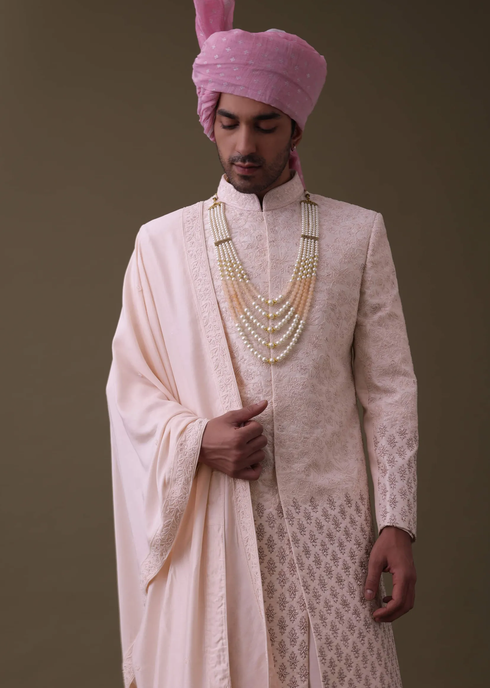 Baby Pink Sherwani Set In Raw Silk With Thread Work And Moti Embroidery