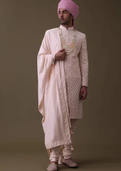 Baby Pink Sherwani Set In Raw Silk With Thread Work And Moti Embroidery