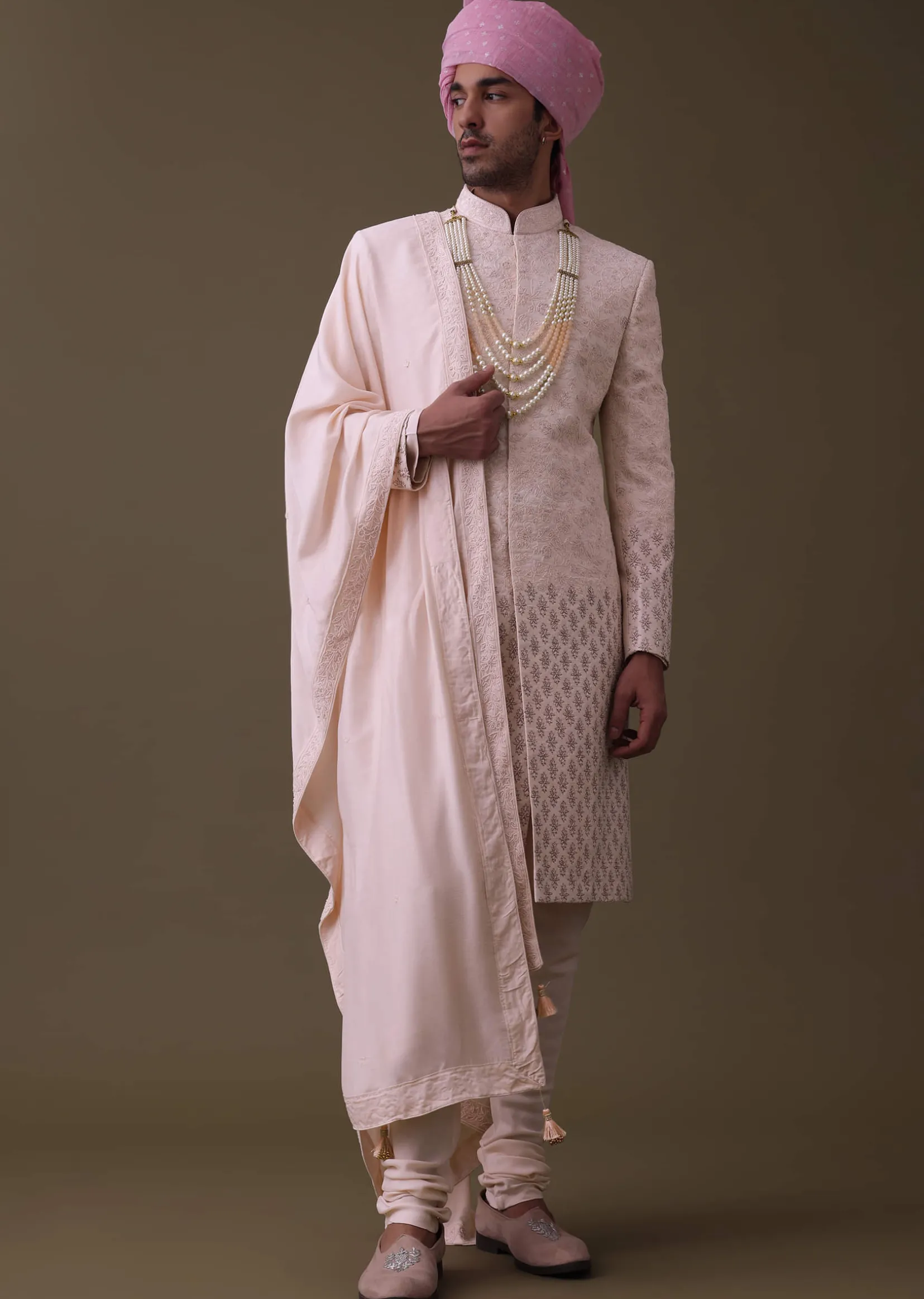 Baby Pink Sherwani Set In Raw Silk With Thread Work And Moti Embroidery