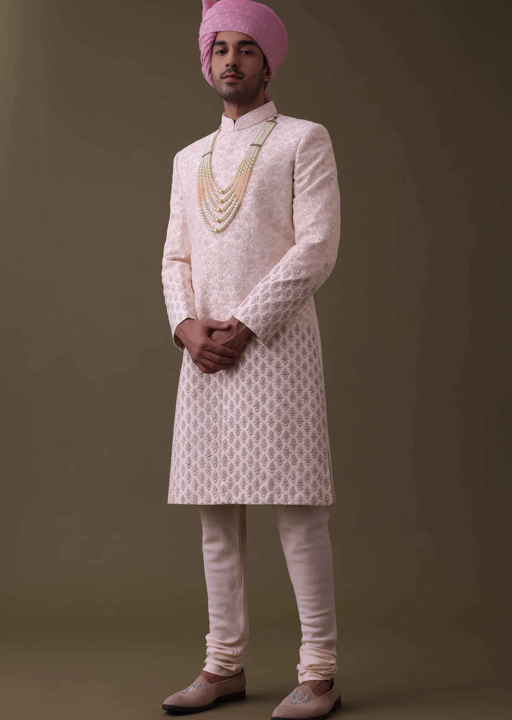 Baby Pink Sherwani Set In Raw Silk With Thread Work And Moti Embroidery
