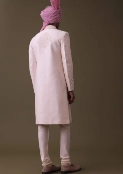 Baby Pink Sherwani Set In Raw Silk With Thread Work And Moti Embroidery