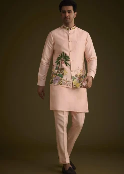 Baby Pink Silk Jacket Set With Nature Themed Patch Work