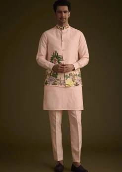 Baby Pink Silk Jacket Set With Nature Themed Patch Work