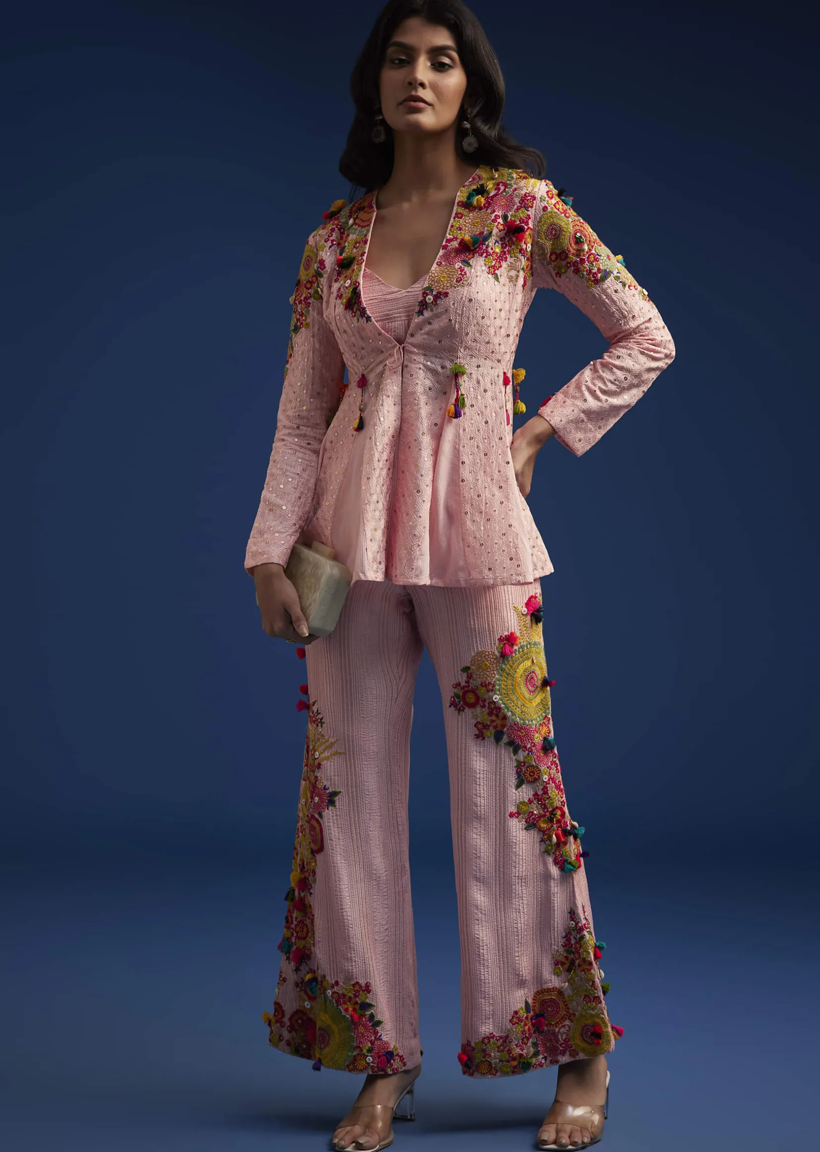 Baby Pink Silk Palazzo Set With Resham Work