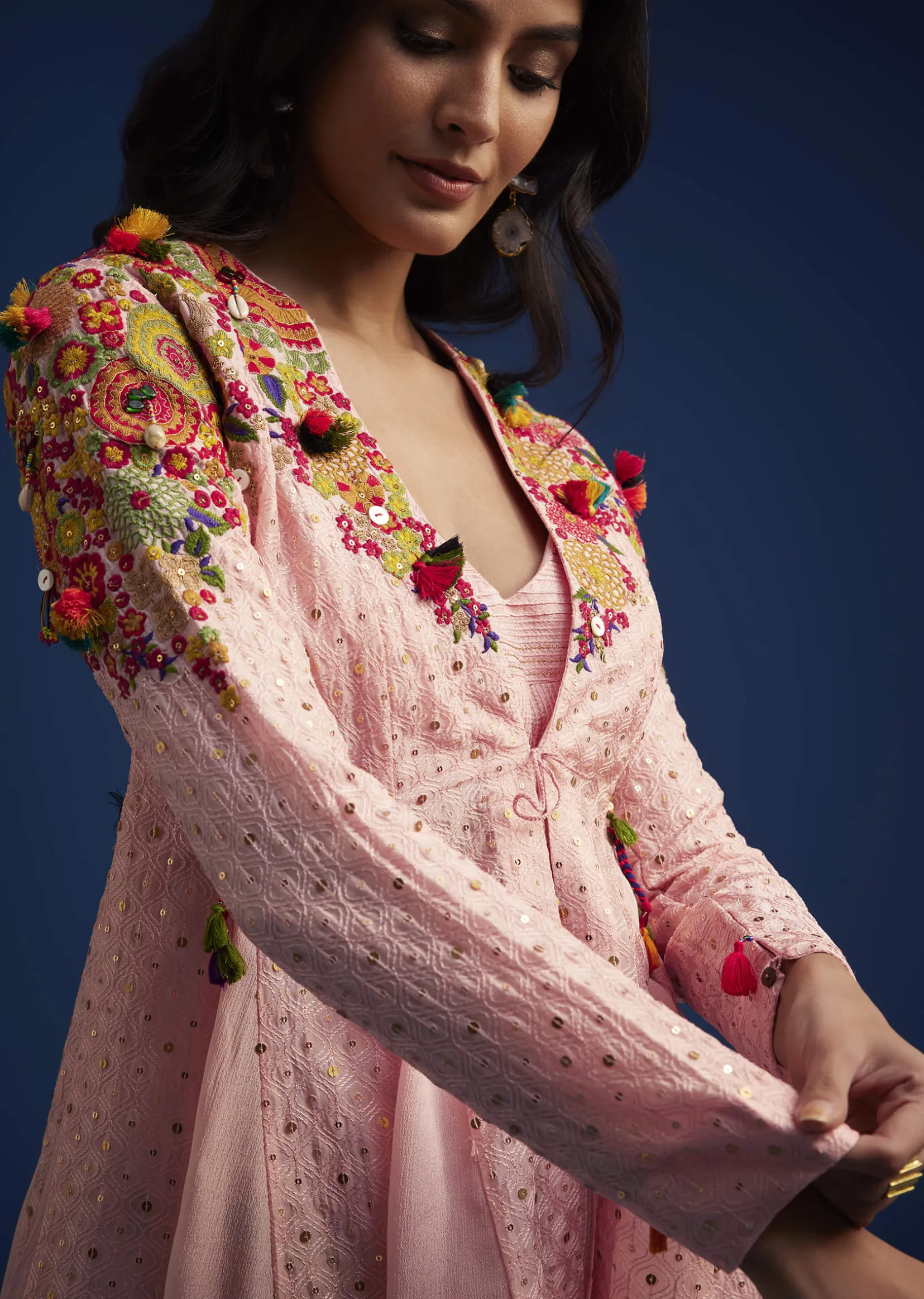 Baby Pink Silk Palazzo Set With Resham Work