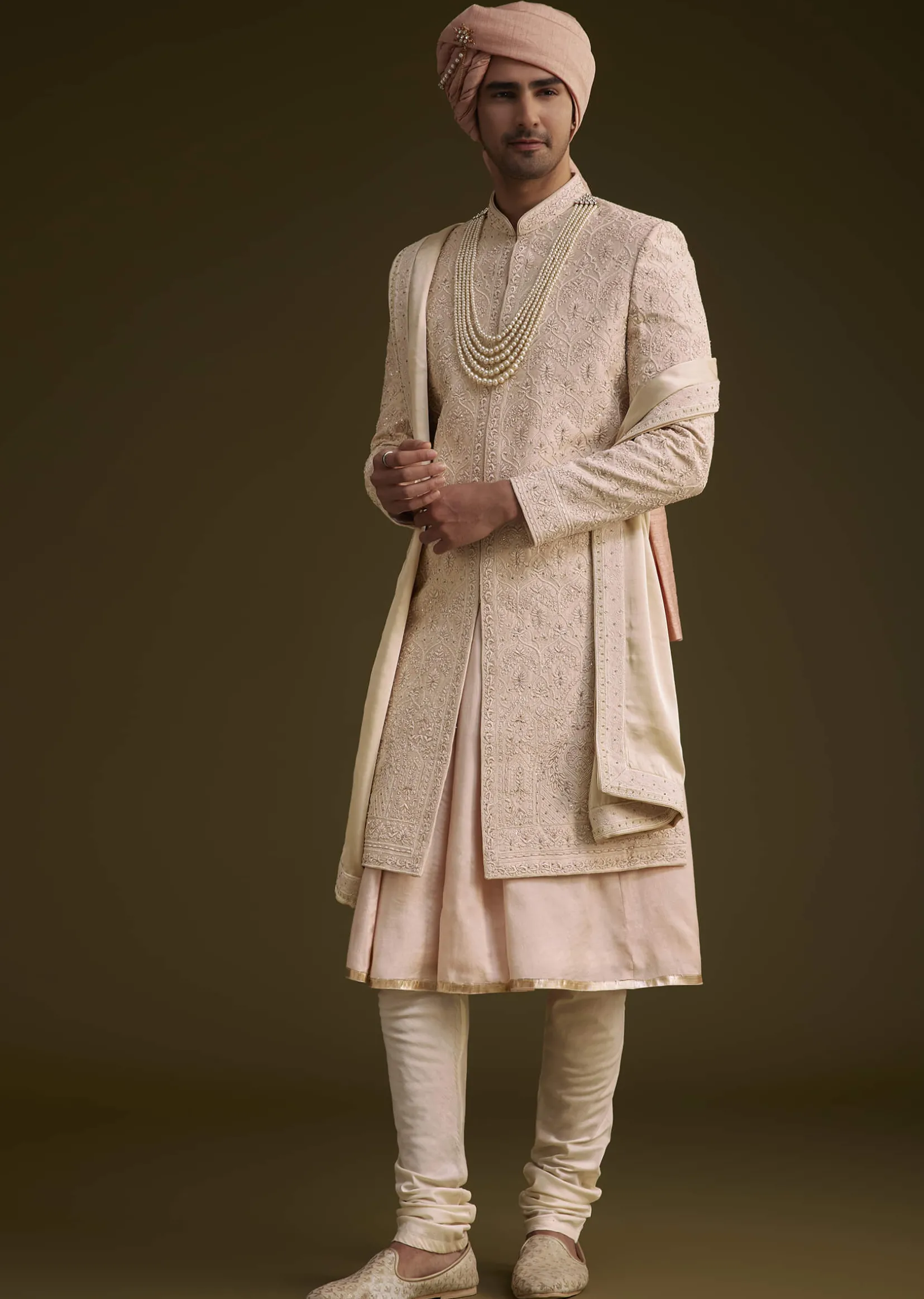 Baby Pink Silk Sherwani Set With Resham Embroidery