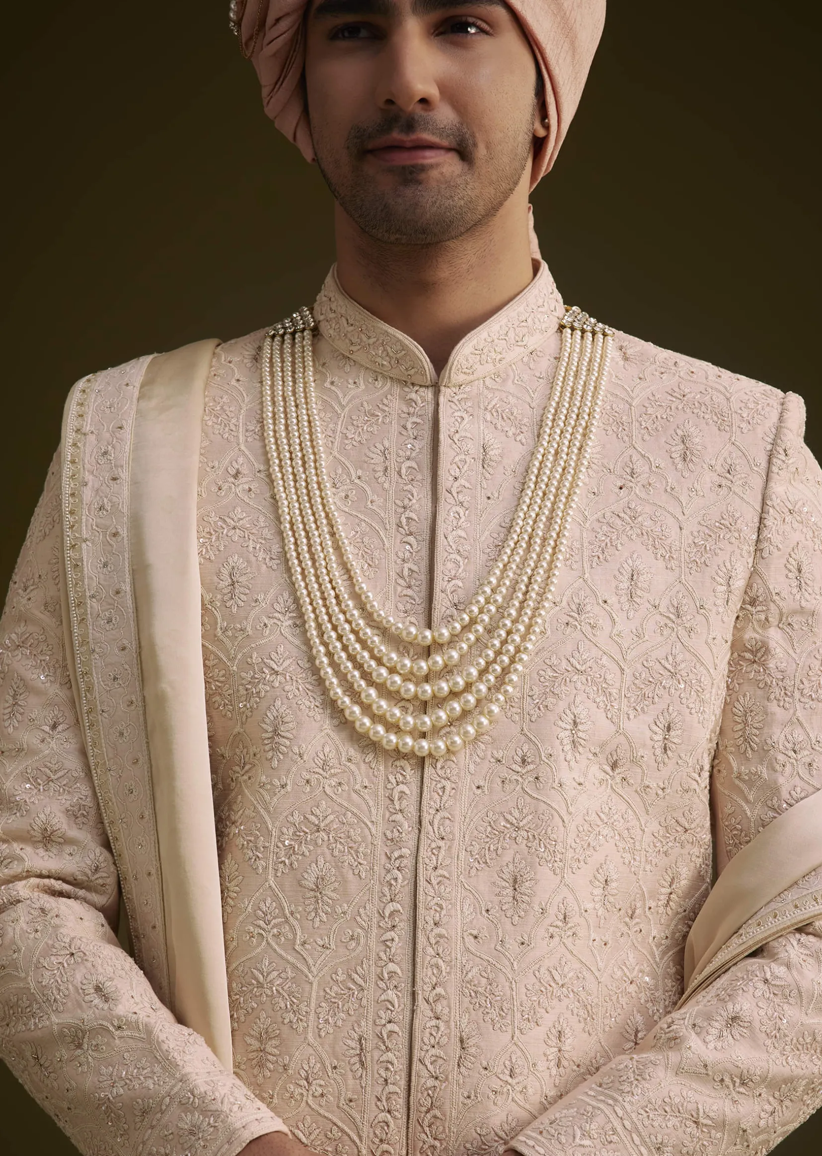 Baby Pink Silk Sherwani Set With Resham Embroidery