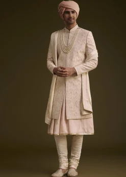 Baby Pink Silk Sherwani Set With Resham Embroidery