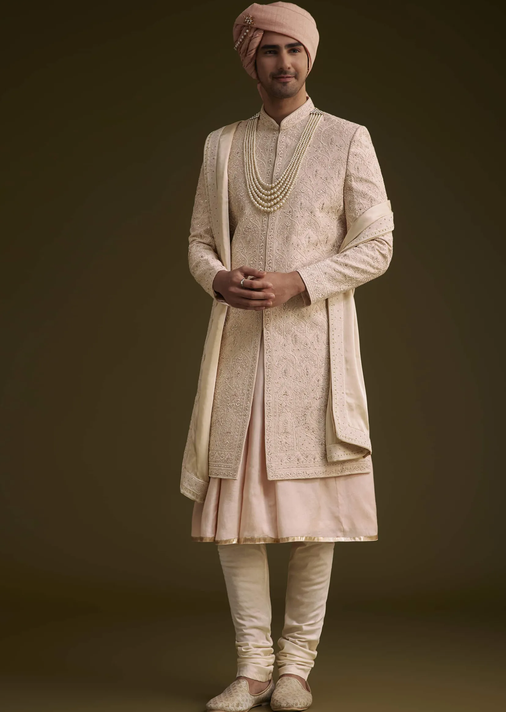 Baby Pink Silk Sherwani Set With Resham Embroidery