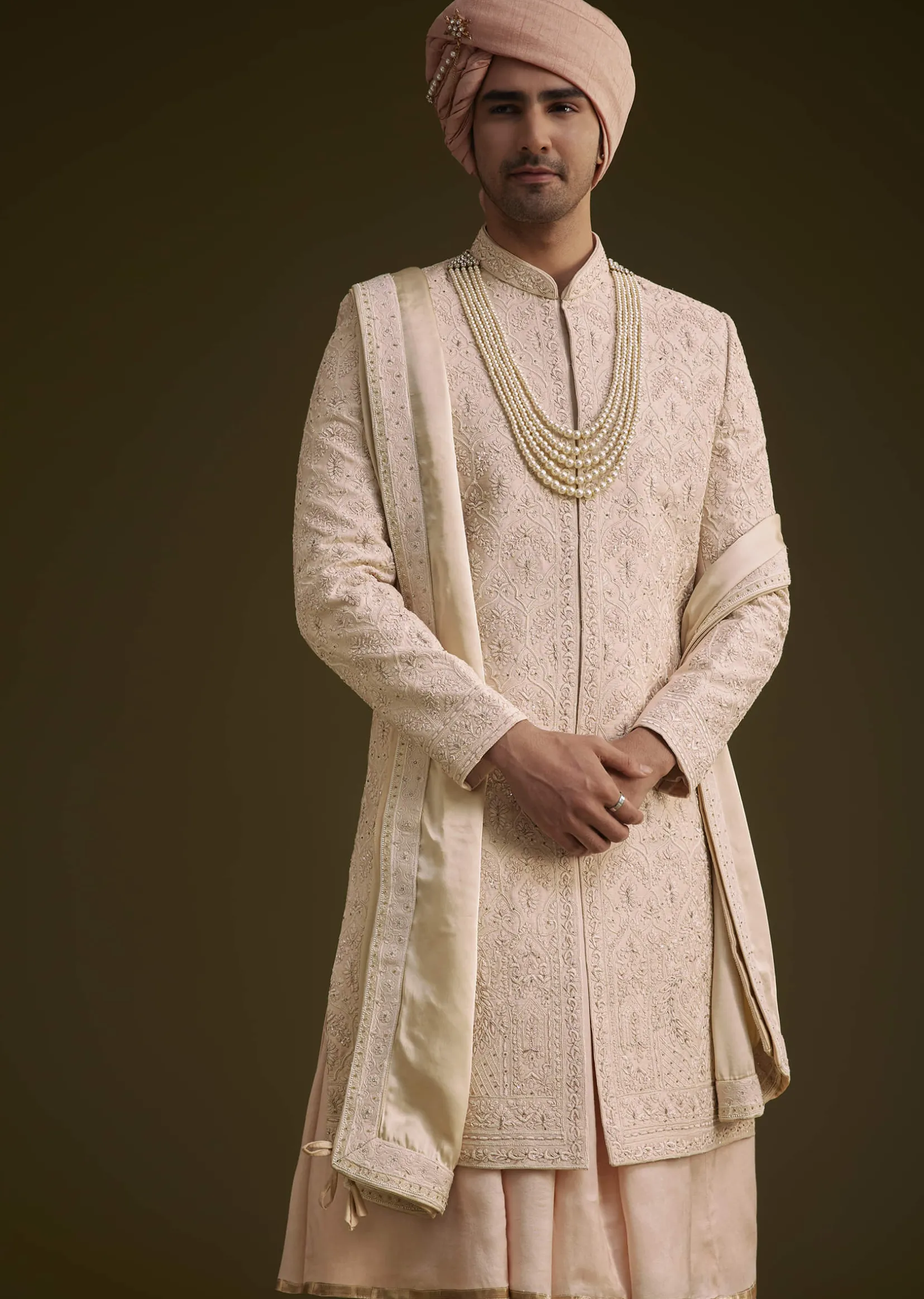 Baby Pink Silk Sherwani Set With Resham Embroidery
