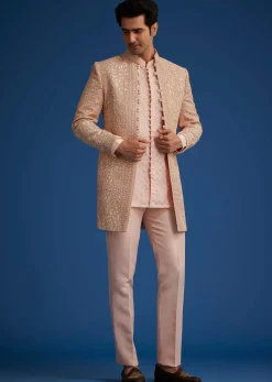 Baby Pink Silk Short Sherwani Set With Zardosi Embroidery