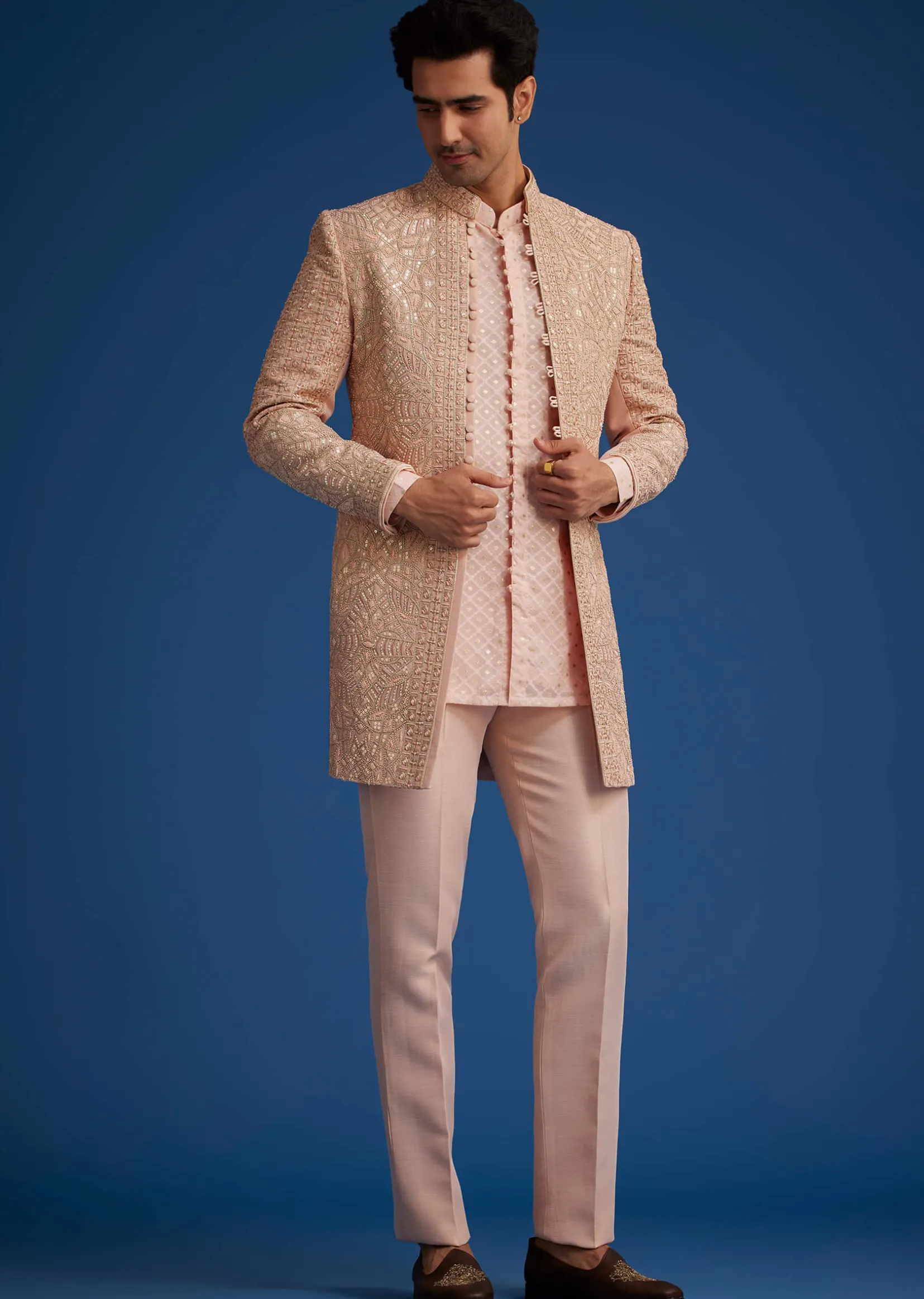 Baby Pink Silk Short Sherwani Set With Zardosi Embroidery