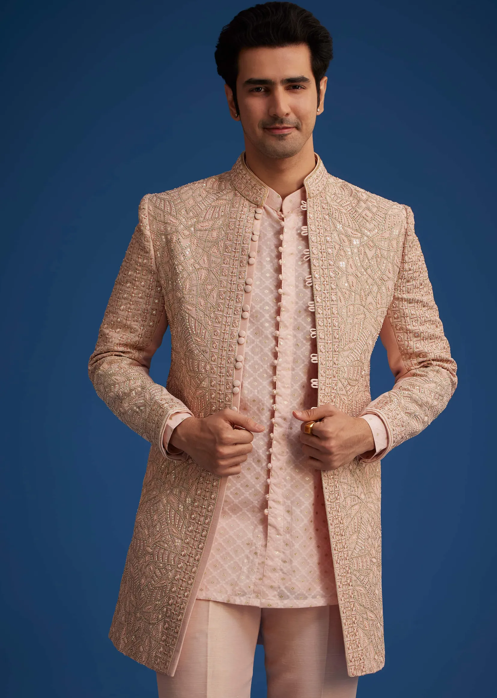 Baby Pink Silk Short Sherwani Set With Zardosi Embroidery