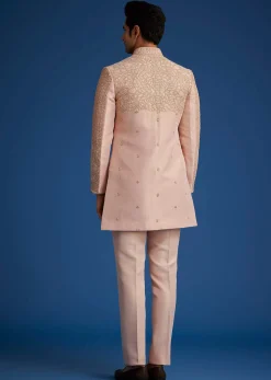 Baby Pink Silk Short Sherwani Set With Zardosi Embroidery