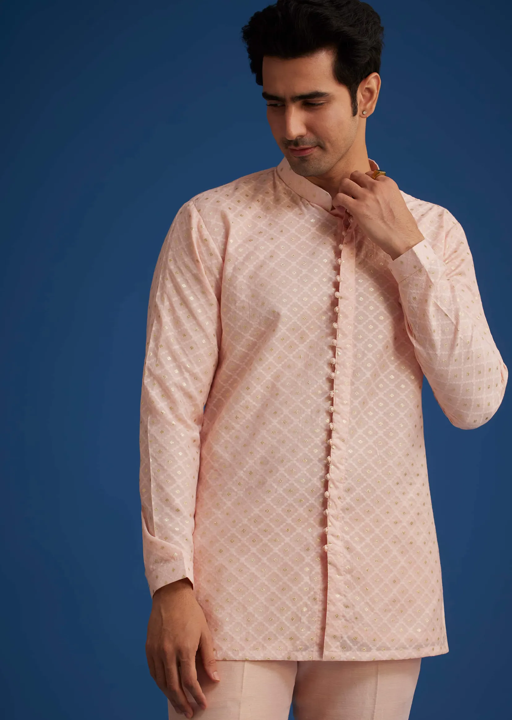 Baby Pink Silk Short Sherwani Set With Zardosi Embroidery