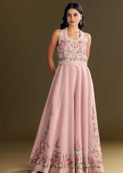 Baby Pink Tissue Jumpsuit With Moti Cutdana Belt