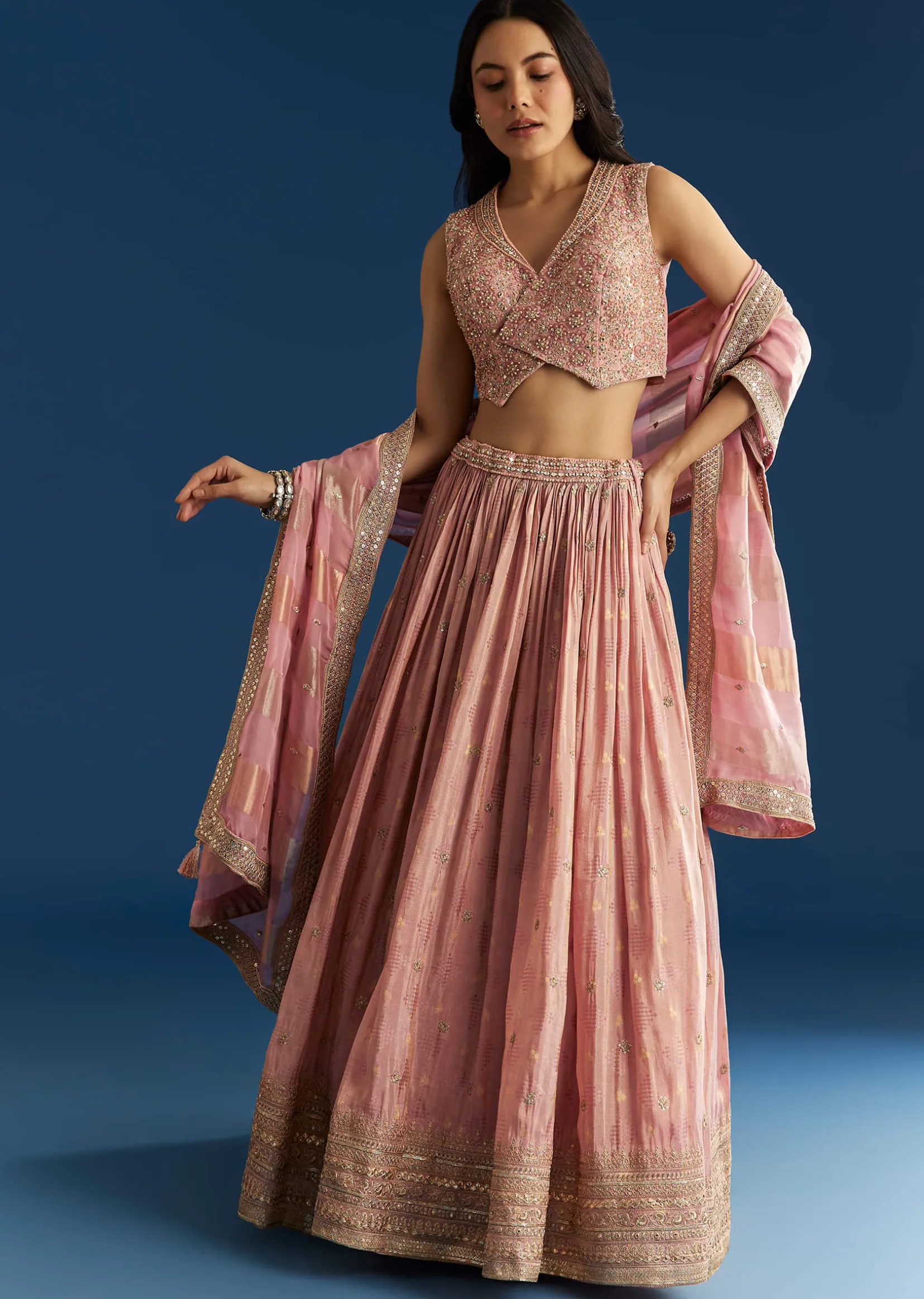 Baby Pink Tissue Lehenga Set With Mirror Sequins Choli