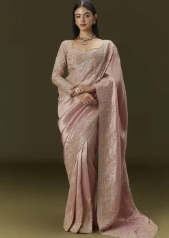 Baby Pink Tissue Saree With Velvet Embroidered Blouse