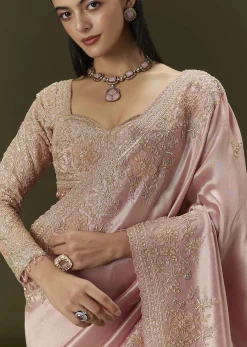 Baby Pink Tissue Saree With Velvet Embroidered Blouse