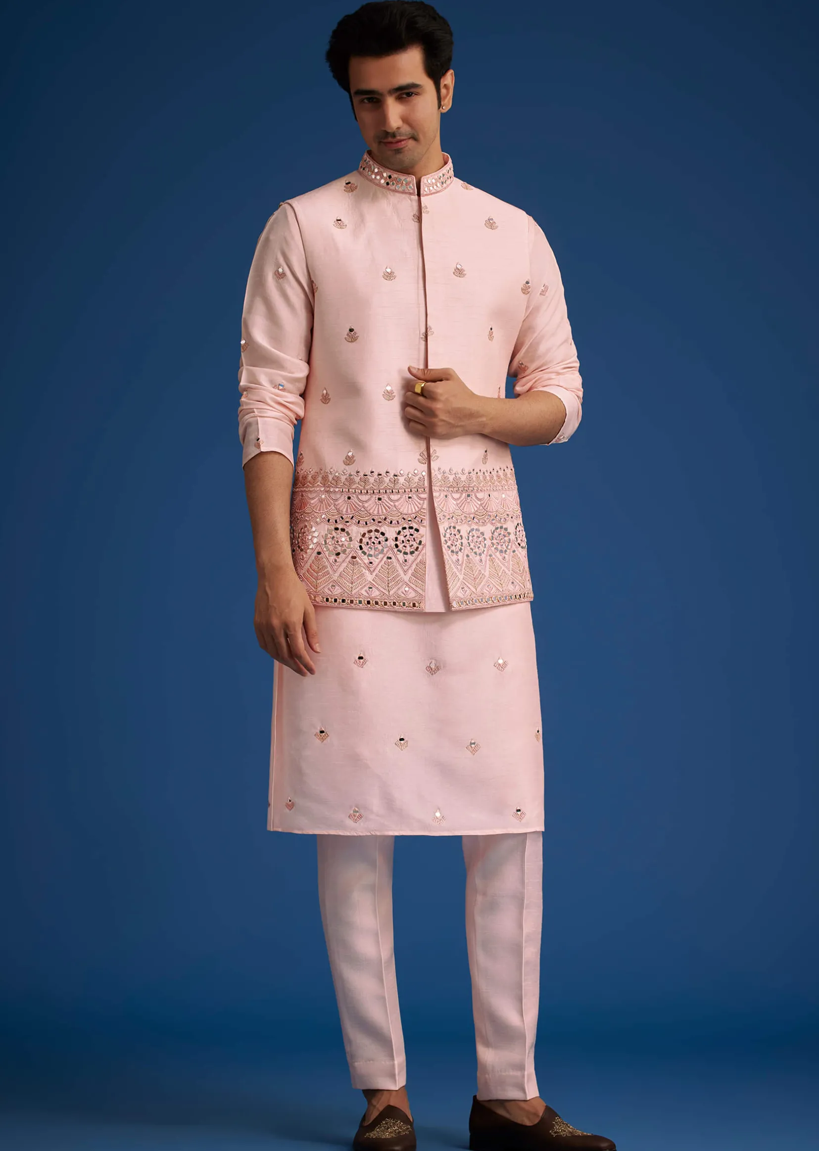 Baby Pink Tussar Kurta Jacket Set With Mirror Embroidery