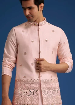 Baby Pink Tussar Kurta Jacket Set With Mirror Embroidery