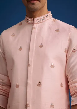 Baby Pink Tussar Kurta Jacket Set With Mirror Embroidery