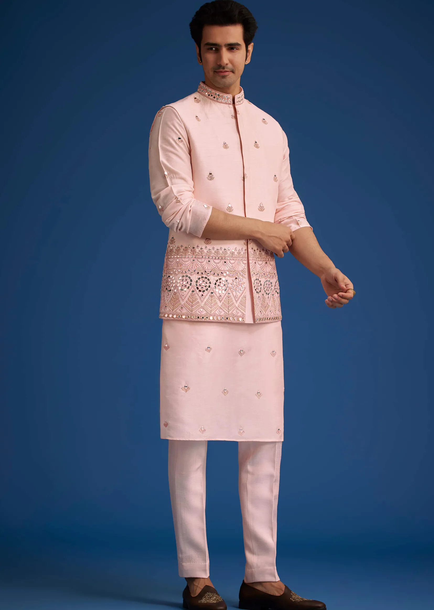 Baby Pink Tussar Kurta Jacket Set With Mirror Embroidery