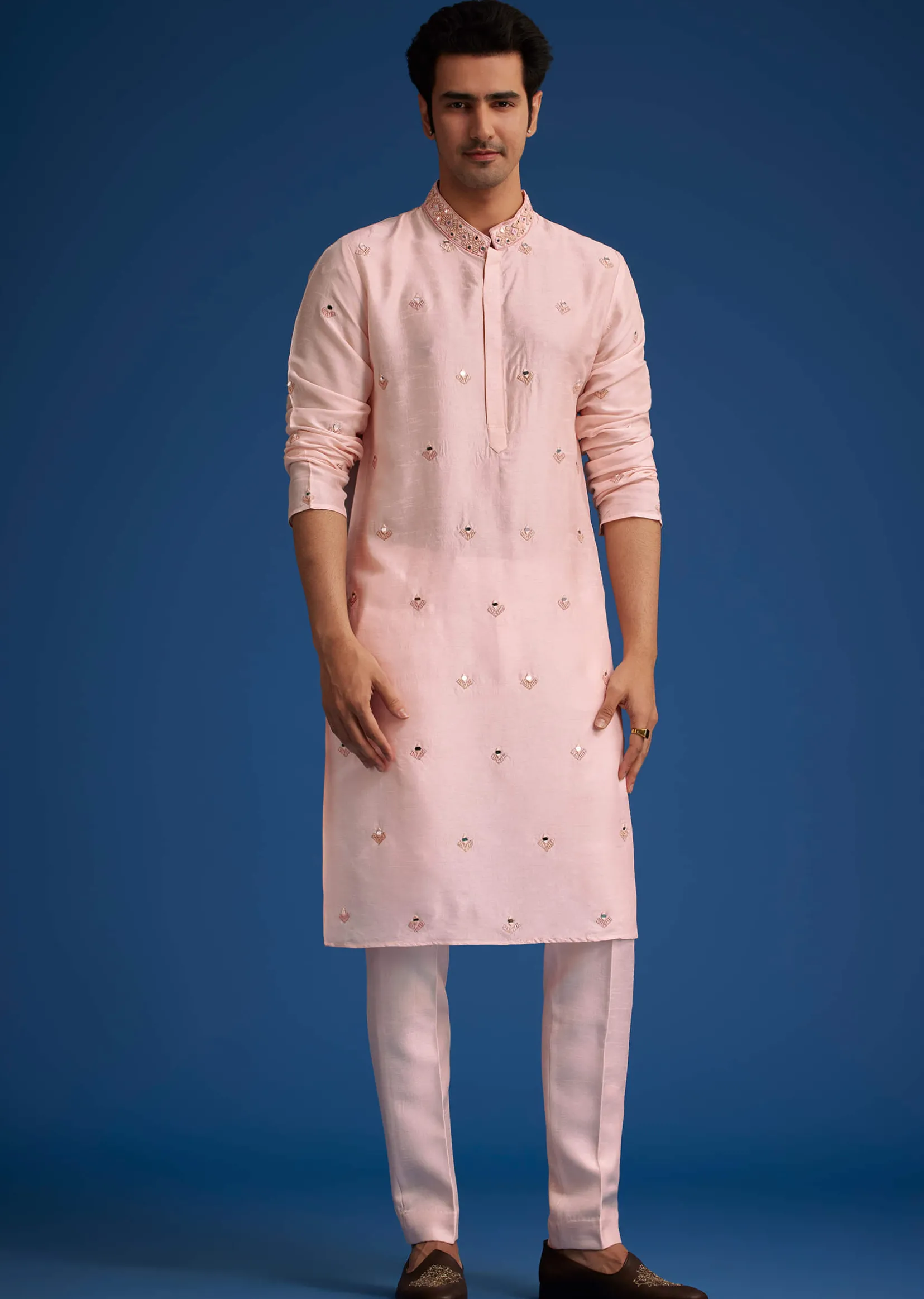 Baby Pink Tussar Kurta Jacket Set With Mirror Embroidery
