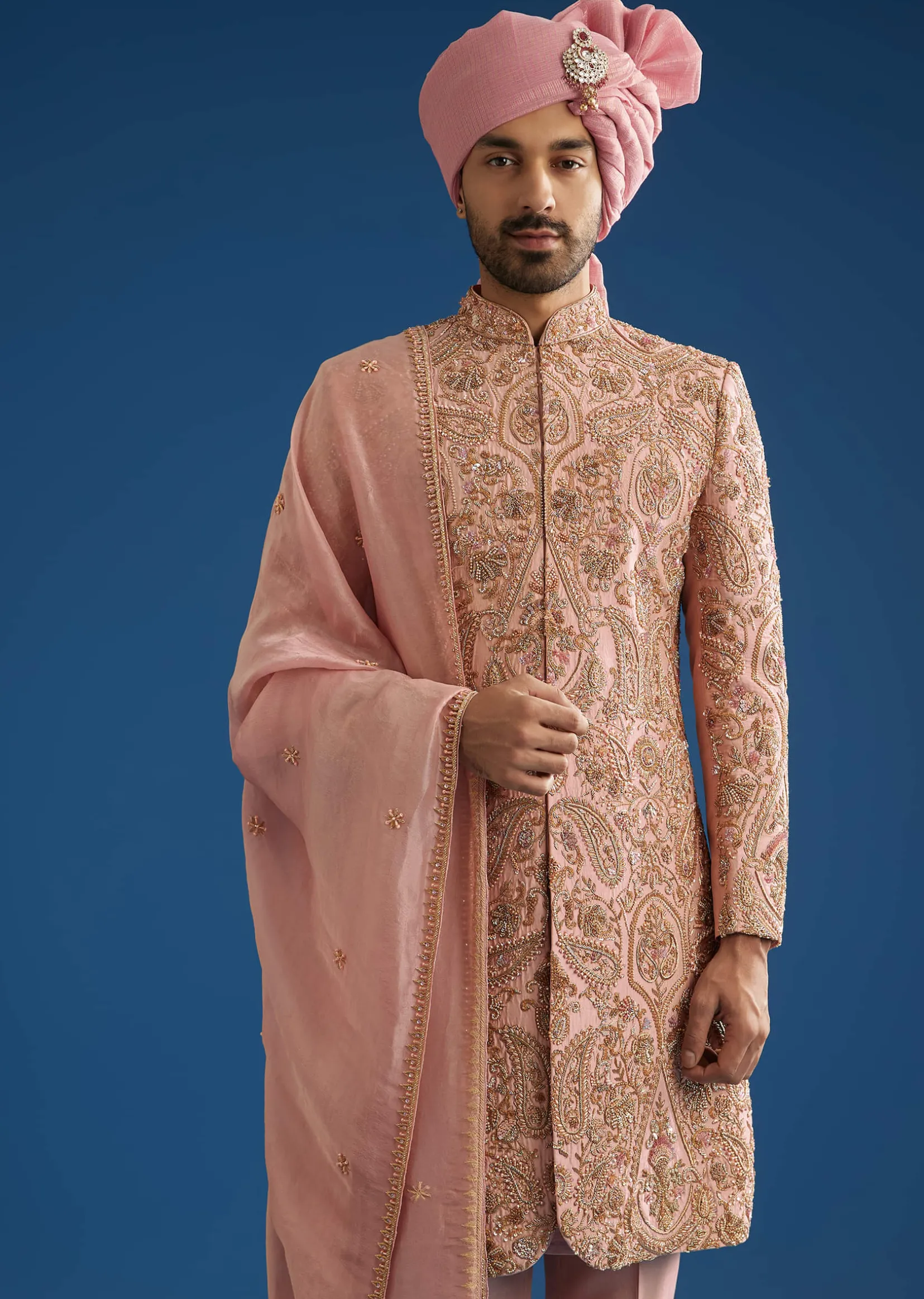 Baby Pink Tussar Sherwani Set With Cutdana Embroidery And Organza Dupatta