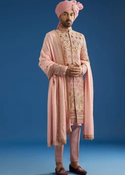 Baby Pink Tussar Sherwani With Cutdana And Tikki Stone Work
