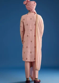 Baby Pink Tussar Sherwani With Cutdana And Tikki Stone Work