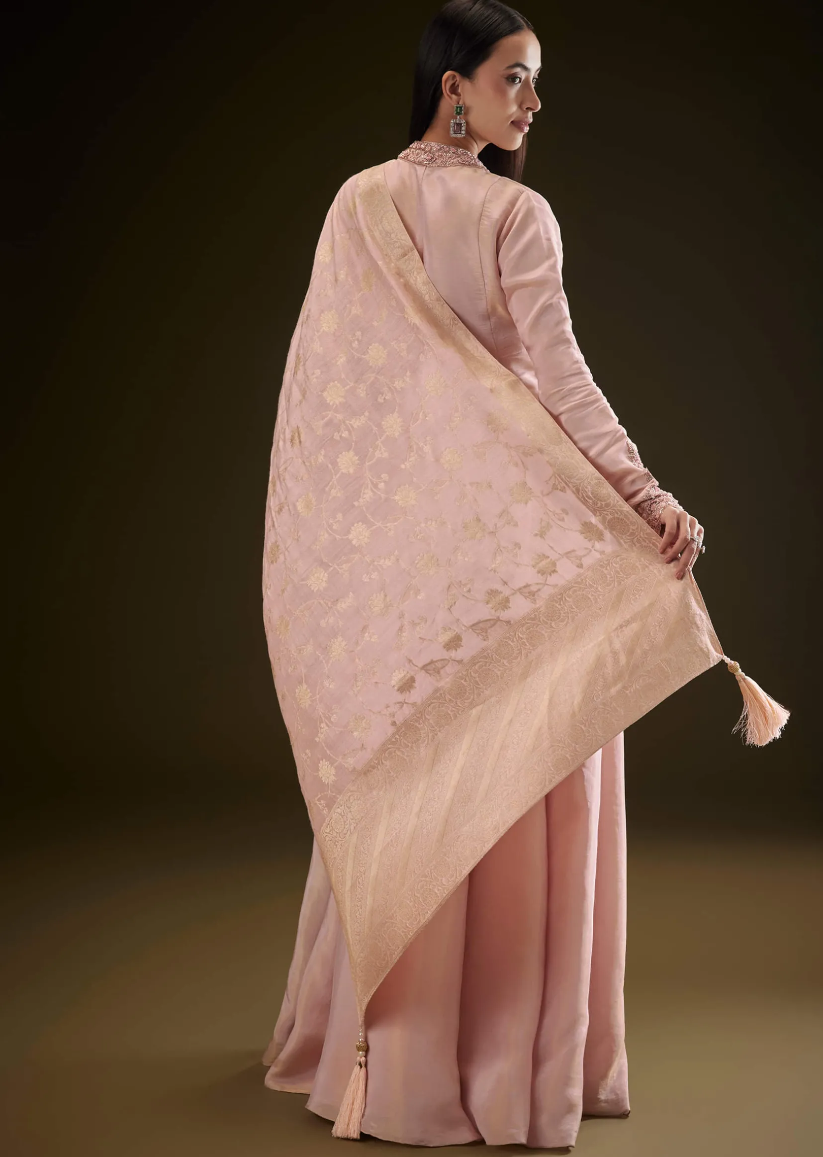 Baby Pink V Neck Anarkali With Printed Dupatta
