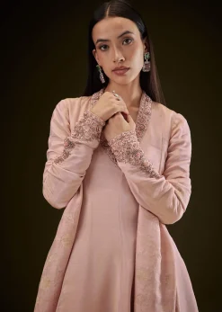 Baby Pink V Neck Anarkali With Printed Dupatta