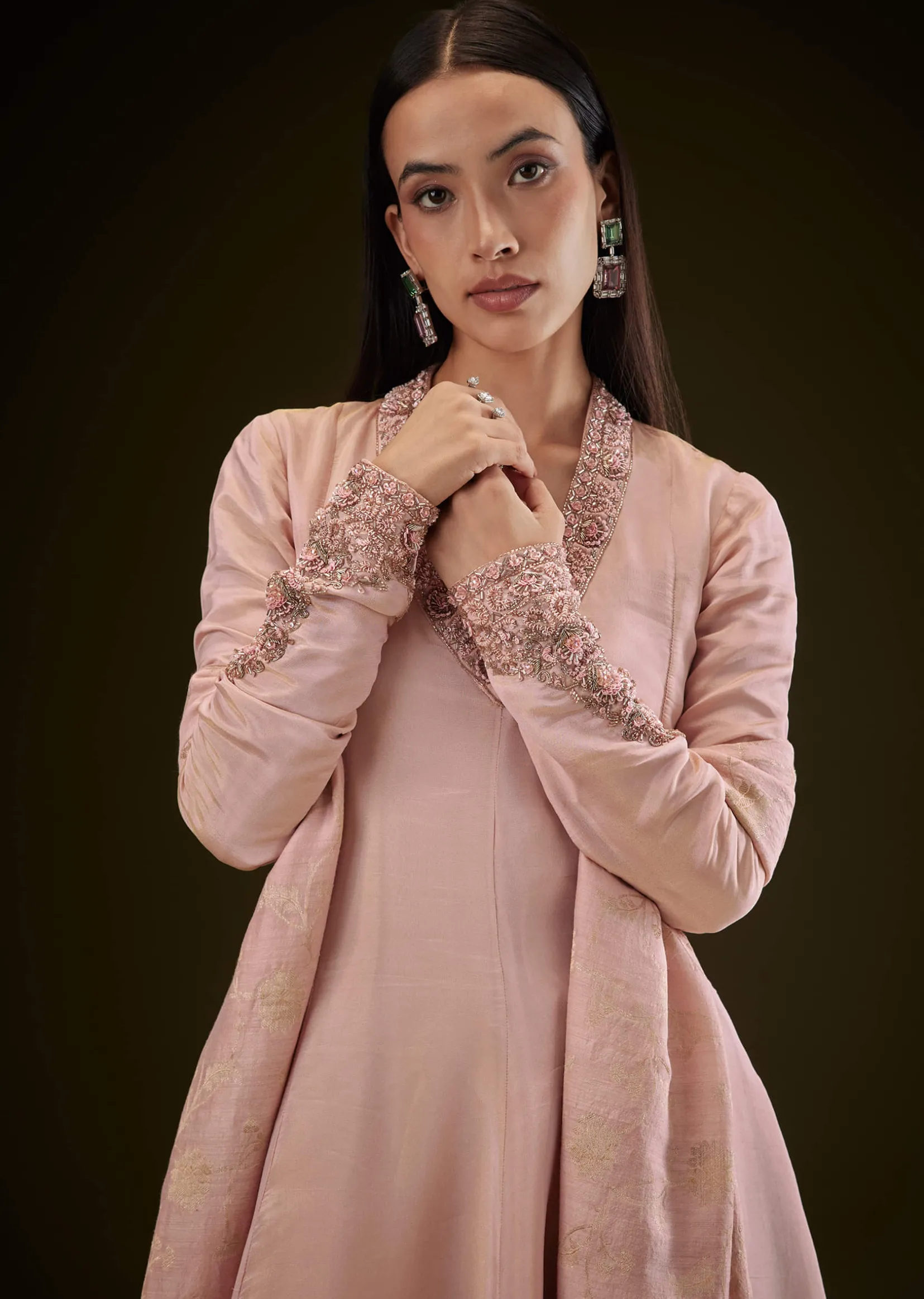 Baby Pink V Neck Anarkali With Printed Dupatta