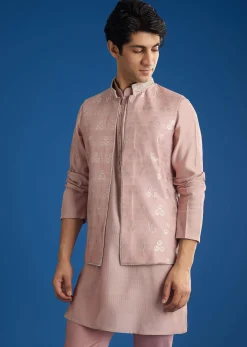 Banarasi Silk Jacket Kurta Set With Front Zip Closure