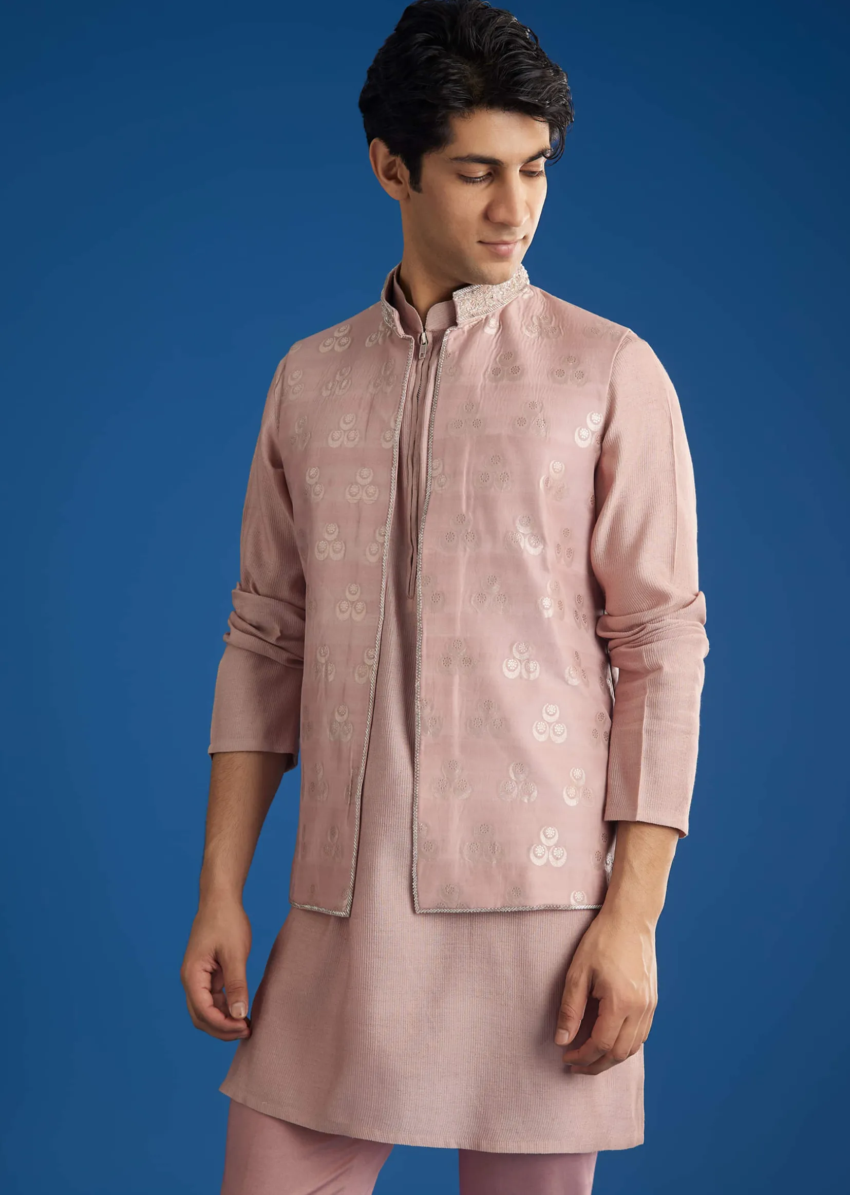 Banarasi Silk Jacket Kurta Set With Front Zip Closure